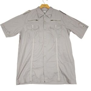 Koman Mens Gray Short Sleeve Button Up Shirt‎ XL Utility Pockets Zip Detail